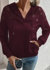 Kadın Uzun Kollu Kapşonlu Bağcıklı Dantelli Viskon Iki Iplik Bluz