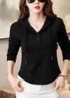 Kadın Uzun Kollu Kapşonlu Bağcıklı Düğmeli Viskon Iki Iplik Bluz