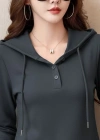 Kadın Uzun Kollu Kapşonlu Bağcıklı Düğmeli Viskon Iki Iplik Füme Bluz