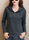 Kadın Uzun Kollu Kapşonlu Bağcıklı Düğmeli Viskon Iki Iplik Füme Bluz
