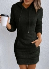 Kadın Uzun Kollu Kapşonlu Cepli Mini Peluş Elbise