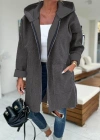 Kadın Uzun Kollu Kapşonlu Fermuar Detaylı Cepli Uzun üç Iplik Ceket