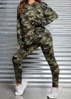 Kadın Uzun Kollu Kapşonlu Kamuflaj Desenli Bluz Ve Pantolon Tayt Ikili Takım
