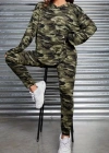 Kadın Uzun Kollu Kapşonlu Kamuflaj Desenli Bluz Ve Pantolon Tayt Ikili Takım
