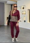 Kadın Uzun Kollu Kapşonlu Leopar Desen Detaylı Viskon Iki Iplik Bluz Ve Pantolon Ikili Takım