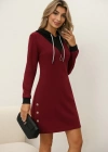 Kadın Uzun Kollu Kapşonlu önden Fermuarlı Düğmeli Mini Iki Iplik Elbise