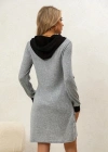 Kadın Uzun Kollu Kapşonlu önden Fermuarlı Düğmeli Mini Iki Iplik Elbise