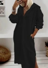 Kadın Uzun Kollu Kapüşonlu Yakası Açık Modal Elbise
