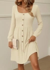 Kadın Uzun Kollu Kare Yaka Düğmeli Kısa şardonlu Iki Iplik Mini Elbise