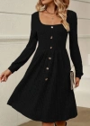 Kadın Uzun Kollu Kare Yaka Düğmeli Kısa şardonlu Iki Iplik Mini Elbise