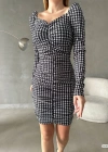 Kadın Uzun Kollu Kare Yaka Kazayağı Desen önü Büzgülü ini Elbise