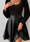Kadın Uzun Kollu Kare Yaka üst Viskon Alt Deri Mini Elbise