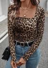 Kadın Uzun Kollu Kare Yakalı Leopar Desenli Dalgıç Bluz