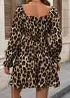 Kadın Uzun Kollu Kare Yakalı Leopar Modal Mini Elbise