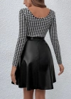 Kadın Uzun Kollu Kare Yakalı üst şardonlu Dalgıç Alt Deri Kısa Elbise