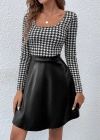 Kadın Uzun Kollu Kare Yakalı üst şardonlu Dalgıç Alt Deri Kısa Elbise