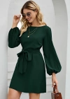 Kadın Uzun Kollu Kayık Yaka Belden Kuşaklı Kısa Ithal Krep Elbise
