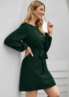 Kadın Uzun Kollu Kayık Yaka Belden Kuşaklı Kısa Ithal Krep Elbise