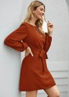 Kadın Uzun Kollu Kayık Yaka Belden Kuşaklı Kısa Ithal Krep Elbise