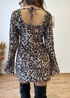 Kadın Uzun Kollu Kayık Yaka Leopar Baskılı Mini Elbise