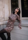 Kadın Uzun Kollu Kayık Yaka Leopar Baskılı Mini Elbise