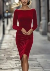 Kadın Uzun Kollu Kayık Yaka Mini Kadife Elbise