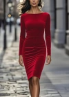 Kadın Uzun Kollu Kayık Yaka Mini Kadife Elbise
