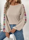 Kadın Uzun Kollu Kayık Yaka şardonlu Kaşkorse Bej Bluz