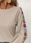 Kadın Uzun Kollu Kayık Yaka şardonlu Kaşkorse Bej Bluz