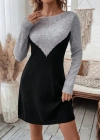 Kadın Uzun Kollu Kayık Yakalı çift Renk Mini Triko Elbise