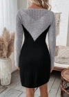 Kadın Uzun Kollu Kayık Yakalı çift Renk Mini Triko Elbise