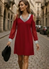 Kadın Uzun Kollu Kollar Tül V Yakalı Mini Janjan Krep Elbise