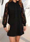 Kadın Uzun Kollu Kolları Dantel Detaylı Kapşonlu Bağcıklı Kısa Viskon Iki Iplik Elbise