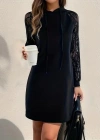 Kadın Uzun Kollu Kolları Dantel Detaylı Kapşonlu Bağcıklı Kısa Viskon Iki Iplik Elbise