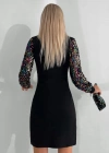 Kadın Uzun Kollu Kolları Payet Bisiklet Yaka Kısa Kaşkorse Elbise