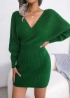 Kadın Uzun Kollu Kruvaze Geniş Yakalı Mini Triko Elbise