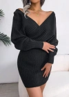Kadın Uzun Kollu Kruvaze Geniş Yakalı Mini Triko Elbise