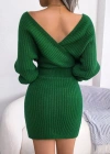 Kadın Uzun Kollu Kruvaze Geniş Yakalı Mini Triko Elbise