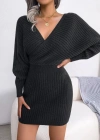 Kadın Uzun Kollu Kruvaze Geniş Yakalı Mini Triko Elbise