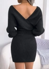 Kadın Uzun Kollu Kruvaze Geniş Yakalı Mini Triko Elbise