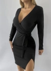 Kadın Uzun Kollu Kruvaze Yaka Bağcık Detay Akrilik Mini Boy Elbise