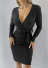 Kadın Uzun Kollu Kruvaze Yaka Bağcık Detay Akrilik Mini Boy Elbise