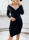 Kadın Uzun Kollu Kruvaze Yaka Bağcık Detay Akrilik Mini Boy Elbise