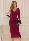 Kadın Uzun Kollu Kruvaze Yaka Belden Büzgü Detay Midi Kadife Elbise