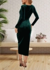Kadın Uzun Kollu Kruvaze Yaka Belden Büzgü Detay Midi Kadife Elbise