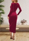 Kadın Uzun Kollu Kruvaze Yaka Belden Büzgü Detay Midi Kadife Elbise
