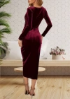 Kadın Uzun Kollu Kruvaze Yaka Belden Büzgü Detay Midi Kadife Elbise