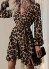 Kadın Uzun Kollu Kruvaze Yaka Belden Kuşaklı çapraz Kesim Detaylı Leopar Modal Mini Elbise