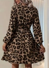 Kadın Uzun Kollu Kruvaze Yaka Belden Kuşaklı çapraz Kesim Detaylı Leopar Modal Mini Elbise