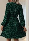 Kadın Uzun Kollu Kruvaze Yaka Belden Kuşaklı Leopar Desenli Dalgıç Elbise